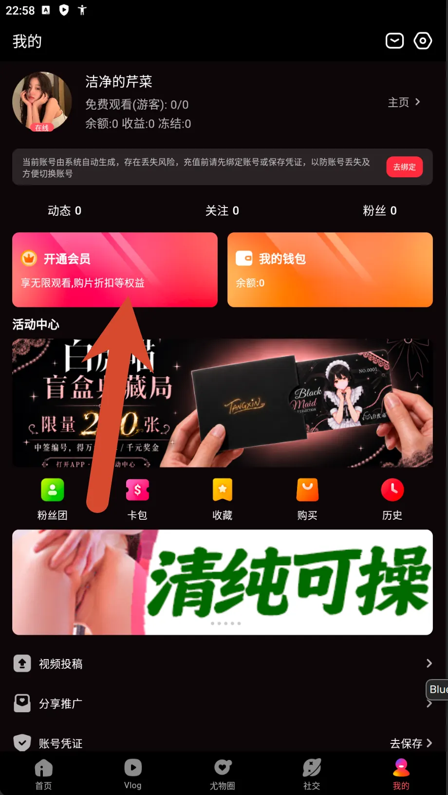 糖心Vlog游客账号会员钱包与活动中心截图